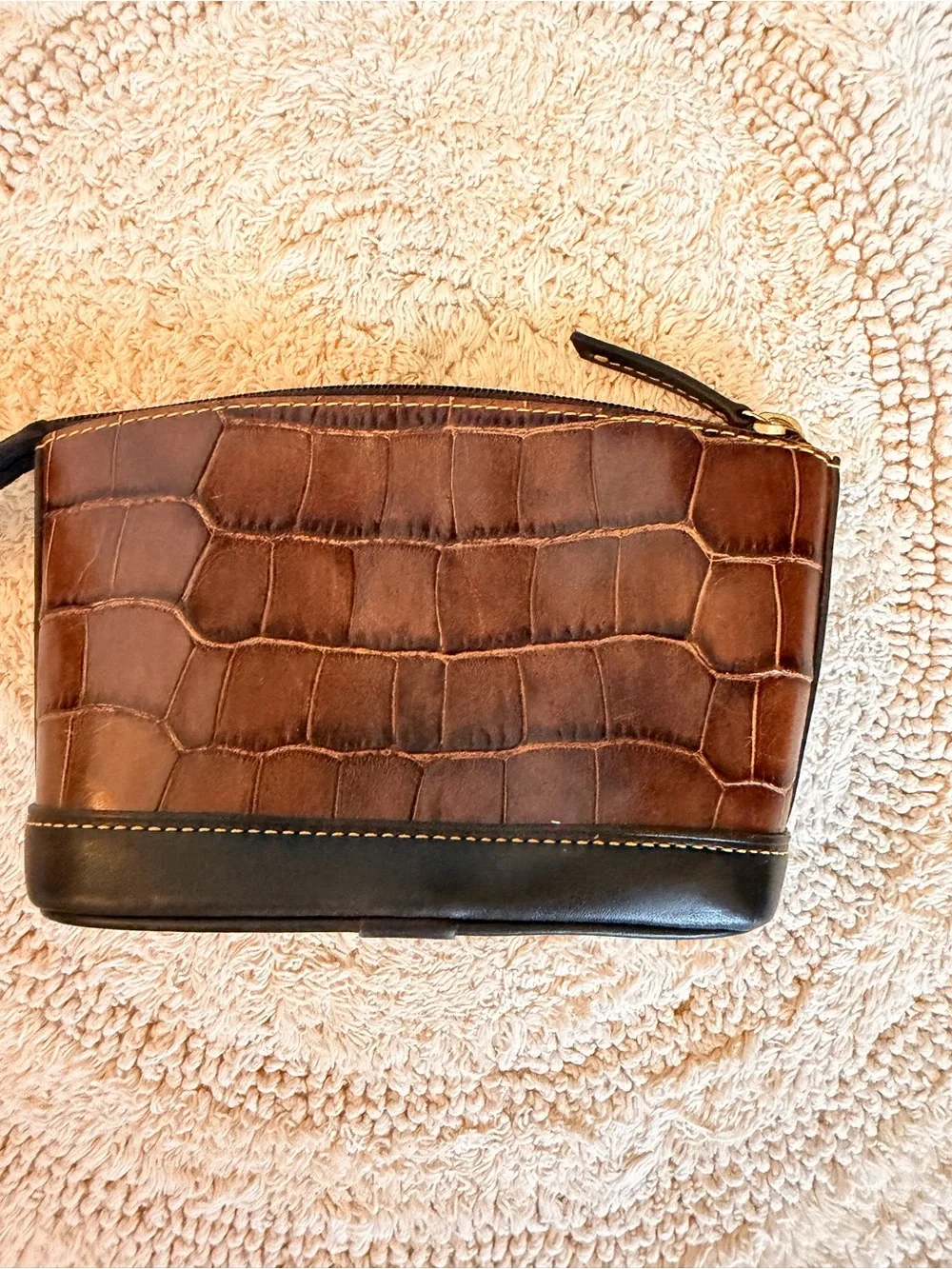 Dooney & Bourke Brown Croc-Embossed Leather Cosmetic Pouch with Dark Trim